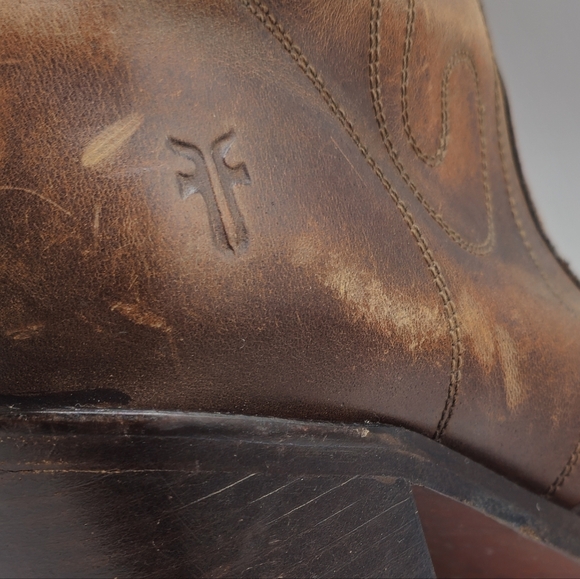 FRYE Vintage Retro Swirl Stitching Tall Chunky High Heel Brown Leather Boots - Picture 9 of 9